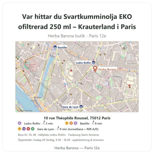 Var hittar du Svartkumminolja EKO ofiltrerad 250 ml – Krauterland i Paris - butikskarta Herba Barona Paris 12e