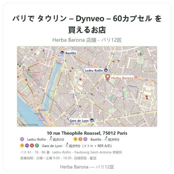 Where to find タウリン – Dynveo – 60カプセル in Paris - store map Herba Barona Paris 12e