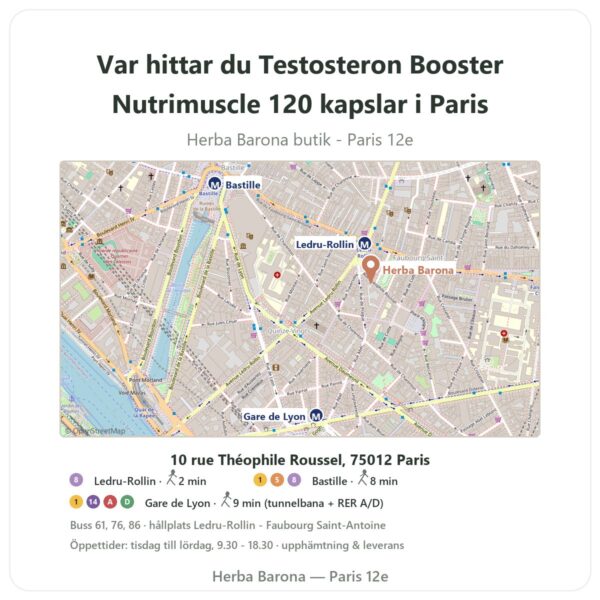 Var hittar du Testosteron Booster Nutrimuscle 120 kapslar i Paris - butikskarta Herba Barona Paris 12e