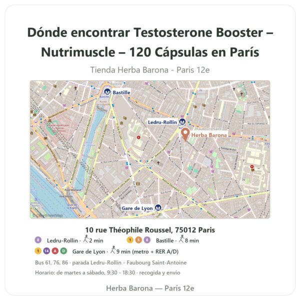 Dónde encontrar Testosterone Booster – Nutrimuscle – 120 Cápsulas en París - plano de la tienda Herba Barona Paris 12e