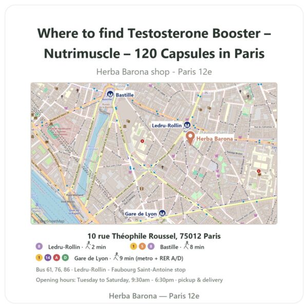 Where to find Testosterone Booster – Nutrimuscle – 120 Capsules in Paris - store map Herba Barona Paris 12e