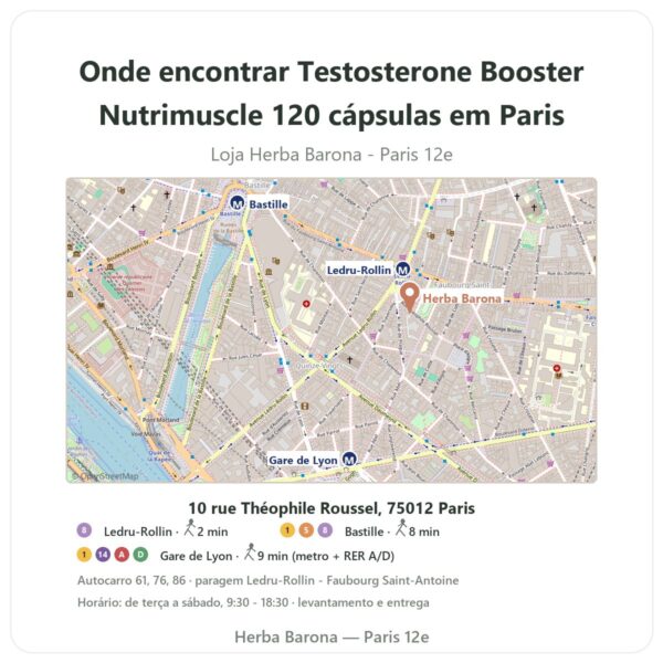 Onde encontrar Testosterone Booster Nutrimuscle 120 cápsulas em Paris - mapa da loja Herba Barona Paris 12e