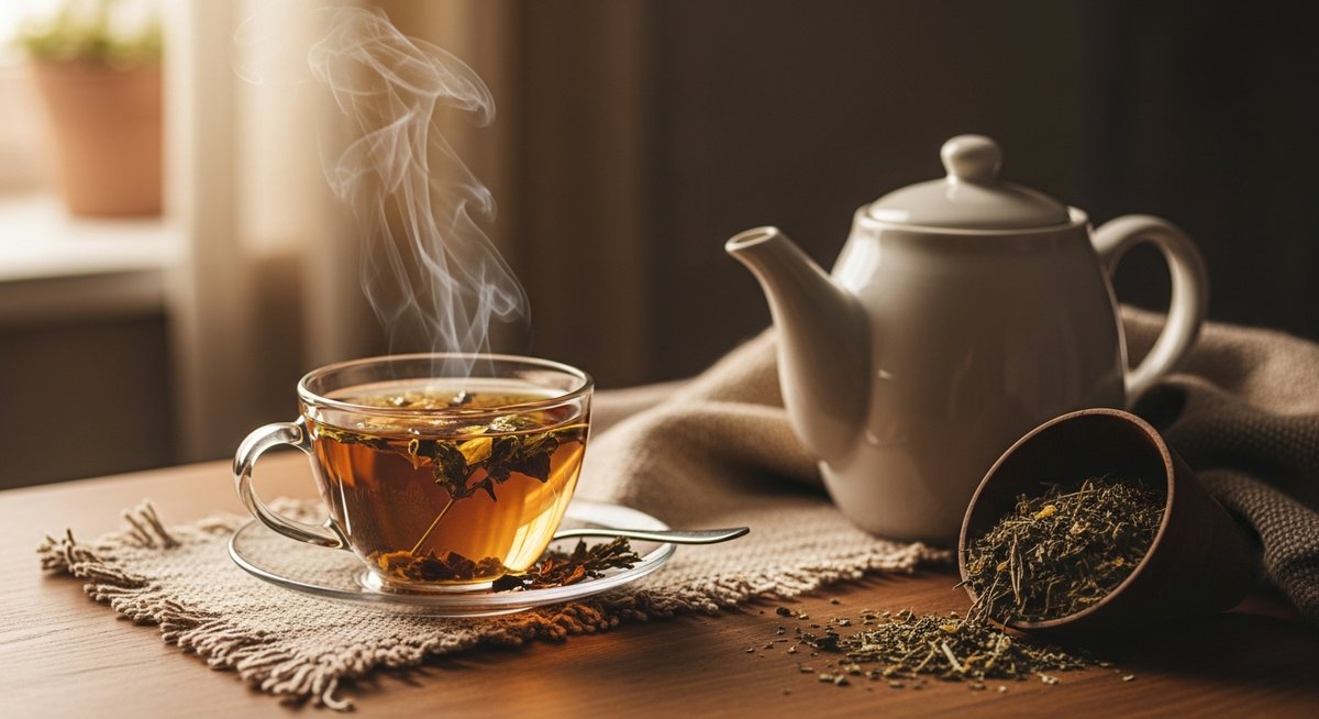Bitki çayı fincanı, demlik ve kurutulmuş otlar, Herba Barona Paris 12. bölge