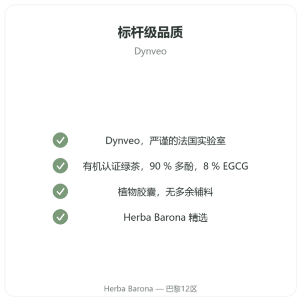 有机绿茶 – 60粒胶囊 500 mg 90%多酚 – Dynveo 品质保证 Paris Herba Barona
