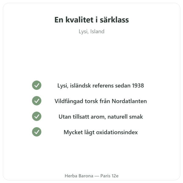 Torskleverolja Naturell LYSI Island 240ml kvalitet Paris Herba Barona