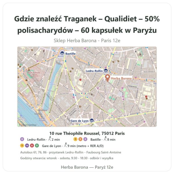 Gdzie znaleźć Traganek – Qualidiet – 50% polisacharydów – 60 kapsułek w Paryżu - mapa sklepu Herba Barona Paris 12e