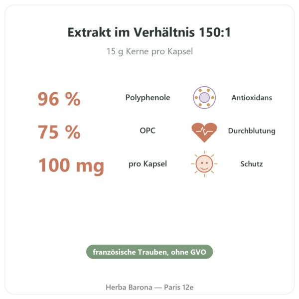 Traubenkernextrakt OPC – Dynveo – 100 mg – 60 Kapseln Vorteile und Fakten Paris Herba Barona