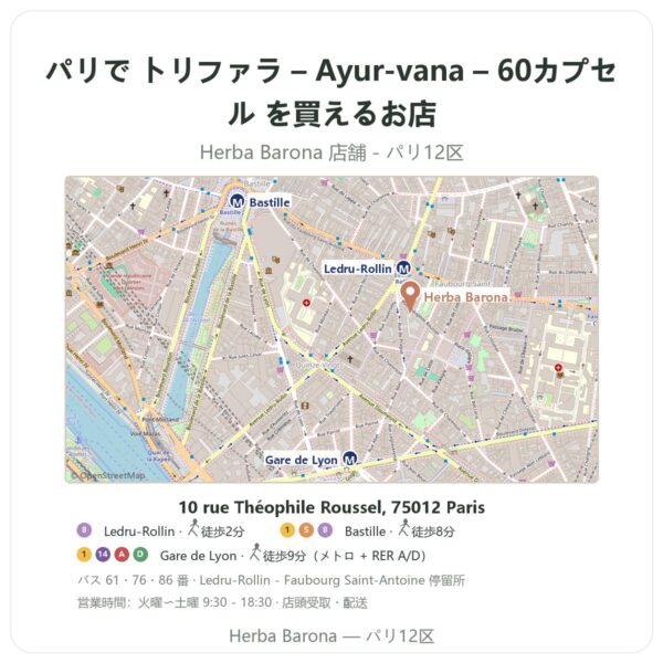 Where to find トリファラ – Ayur-vana – 60カプセル in Paris - store map Herba Barona Paris 12e