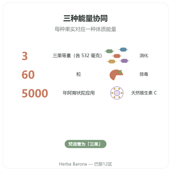 Triphala(三果宝)– Ayur-vana – 60 粒胶囊 功效与数据 Paris Herba Barona