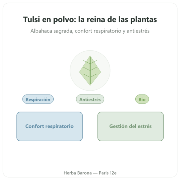 Tulsi Bio (Albahaca Sagrada) – Sachet de Polvo – 150 g – Ayur-vana presentación Paris Herba Barona