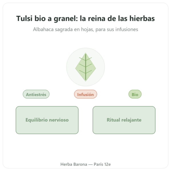 Tulsi Bio a Granel – Bolsa de 100 g – Ayur-vana presentación Paris Herba Barona