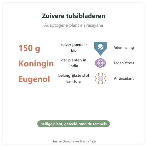 Tulsi bio (heilig basilicum) - Zakje poeder - 150 g - Ayur-vana voordelen en kerngegevens Paris Herba Barona