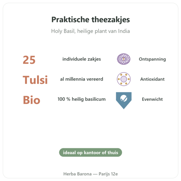 Tulsi Bio Kruidenthee 25 zakjes – Ayur-vana voordelen en kerngegevens Paris Herba Barona