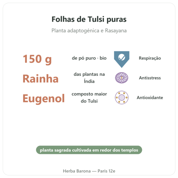 Tulsi bio (manjericão sagrado) - Saco de pó - 150 g - Ayur-vana benefícios e dados principais Paris Herba Barona