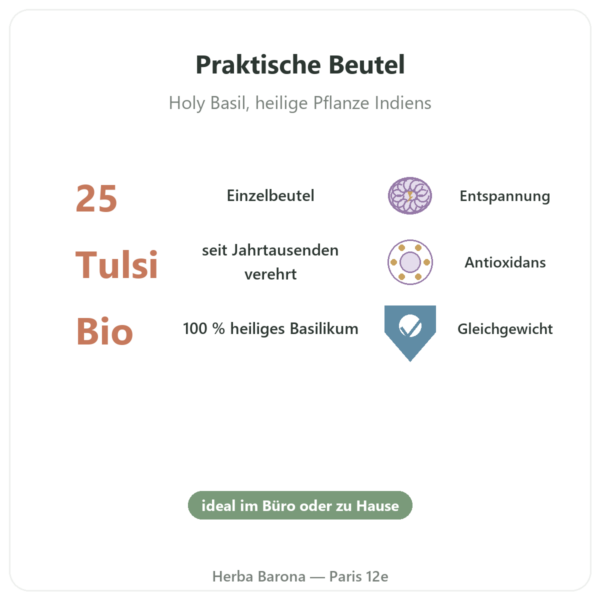 Tulsi Bio Tee – 25 Beutel – Ayur-vana Vorteile und Fakten Paris Herba Barona