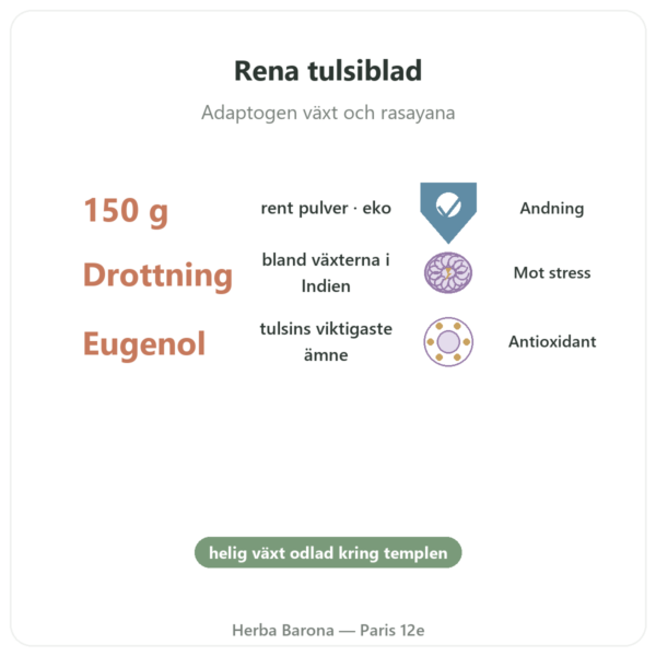Tulsi ekologisk (heligt basilika) - Pulverpåse - 150 g - Ayur-vana fördelar och nyckelfakta Paris Herba Barona