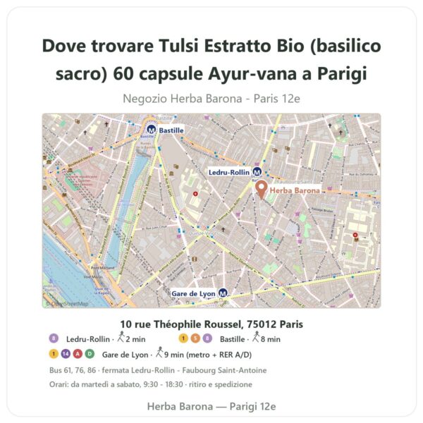 Dove trovare Tulsi Estratto Bio (basilico sacro) 60 capsule Ayur-vana a Parigi - mappa del negozio Herba Barona Paris 12e