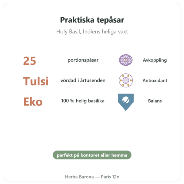 Tulsi Örtte Ekologisk 25 påsar Ayur-vana fördelar och nyckelfakta Paris Herba Barona
