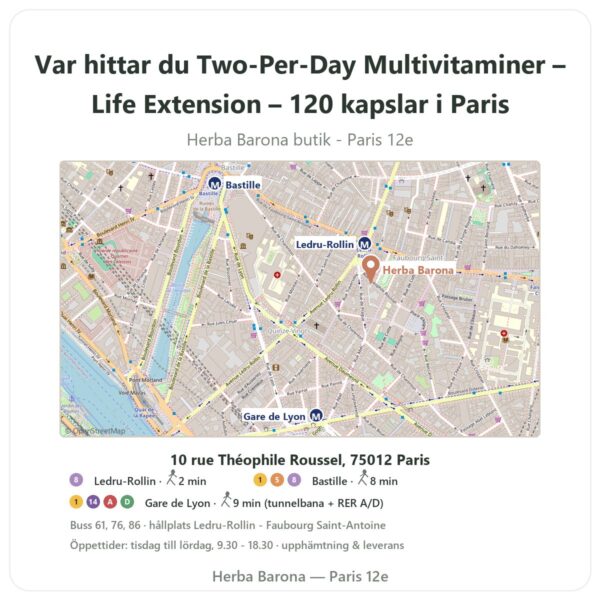 Var hittar du Two-Per-Day Multivitaminer – Life Extension – 120 kapslar i Paris - butikskarta Herba Barona Paris 12e