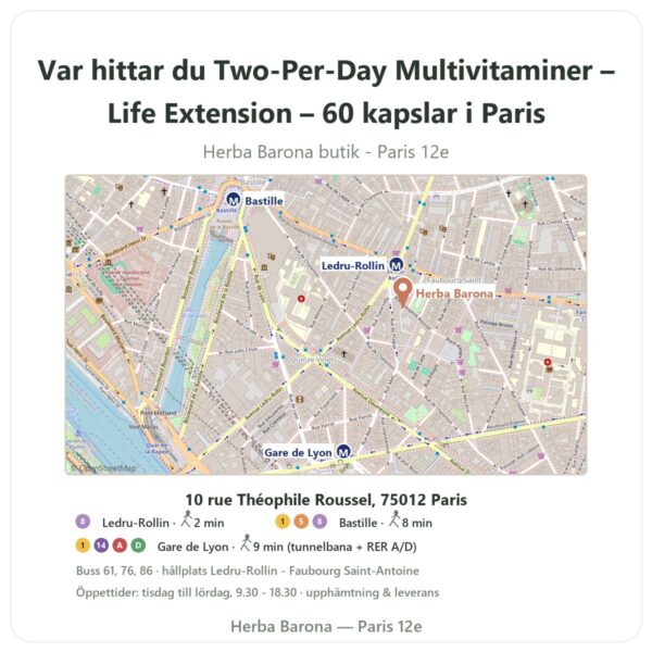 Var hittar du Two-Per-Day Multivitaminer – Life Extension – 60 kapslar i Paris - butikskarta Herba Barona Paris 12e