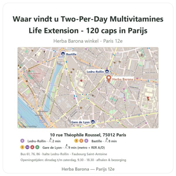 Waar vindt u Two-Per-Day Multivitamines Life Extension - 120 caps in Parijs - winkelplattegrond Herba Barona Paris 12e