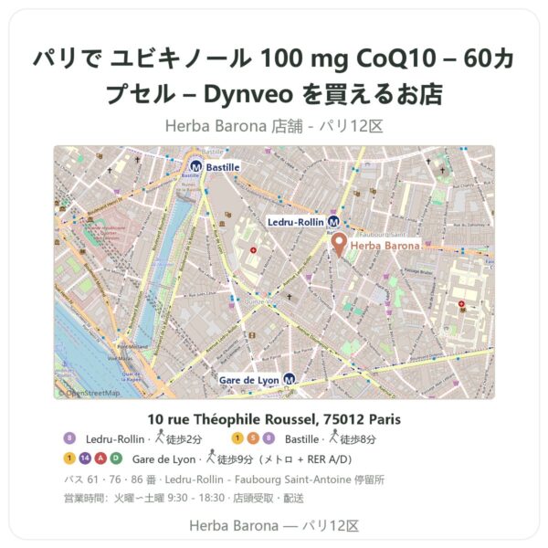 Where to find ユビキノール 100 mg CoQ10 – 60カプセル – Dynveo in Paris - store map Herba Barona Paris 12e
