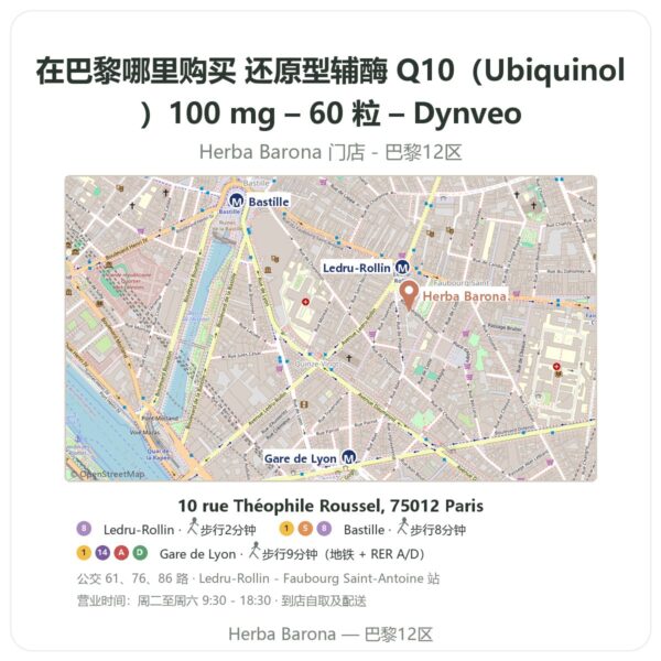 还原型辅酶 Q10(Ubiquinol)100 mg – 60 粒 – Dynveo 巴黎哪里能买到 - 门店地图 Herba Barona Paris 12e