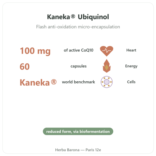 Ubiquinol Kaneka 100 mg CoQ10 - Dynveo - 60 Capsules benefits and key facts Paris Herba Barona