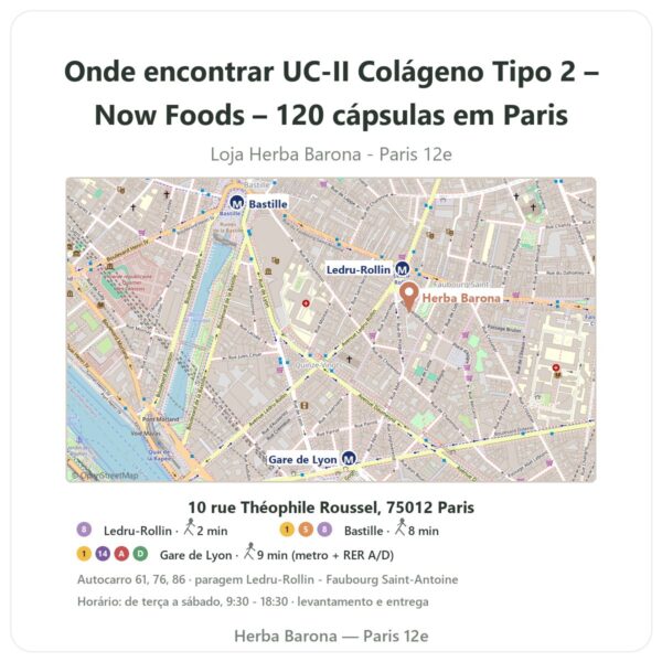 Onde encontrar UC-II Colágeno Tipo 2 – Now Foods – 120 cápsulas em Paris - mapa da loja Herba Barona Paris 12e
