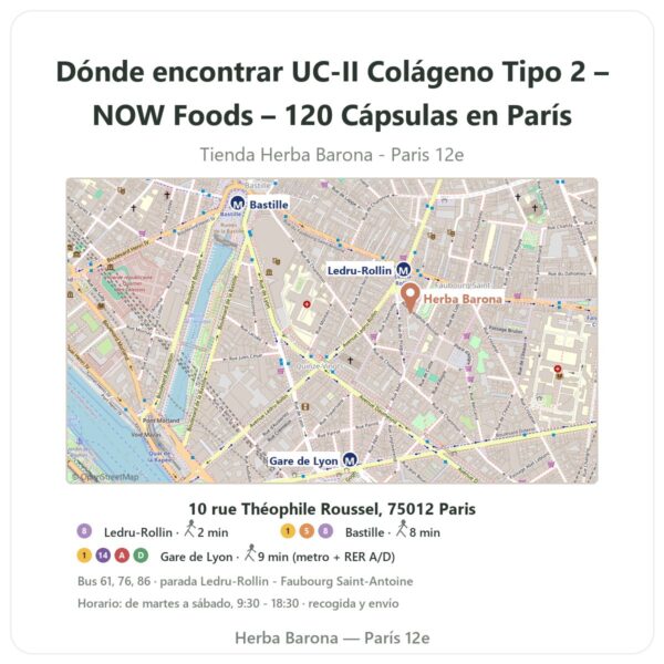 Dónde encontrar UC-II Colágeno Tipo 2 – NOW Foods – 120 Cápsulas en París - plano de la tienda Herba Barona Paris 12e
