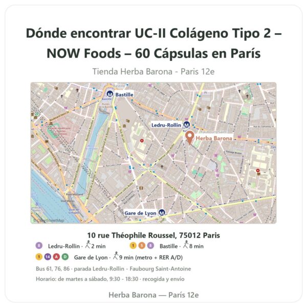 Dónde encontrar UC-II Colágeno Tipo 2 – NOW Foods – 60 Cápsulas en París - plano de la tienda Herba Barona Paris 12e