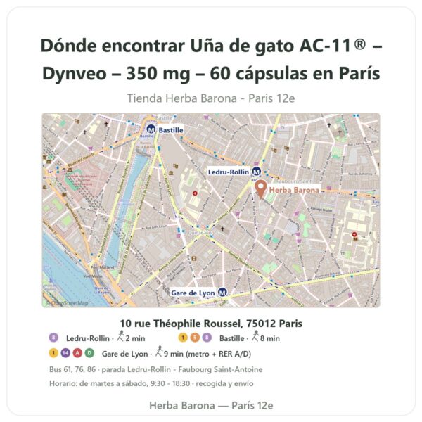 Dónde encontrar Uña de gato AC-11® – Dynveo – 350 mg – 60 cápsulas en París - plano de la tienda Herba Barona Paris 12e