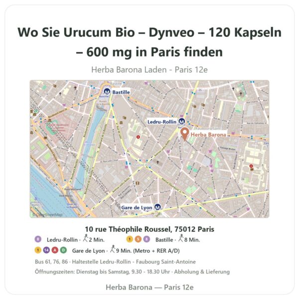 Wo finden Sie Urucum Bio – Dynveo – 120 Kapseln – 600 mg in Paris - Ladenplan Herba Barona Paris 12e