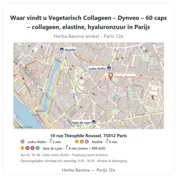Waar vindt u Vegetarisch Collageen – Dynveo – 60 caps – collageen, elastine, hyaluronzuur in Parijs - winkelplattegrond Herba Barona Paris 12e