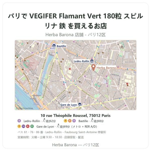 Where to find VEGIFER Flamant Vert 180粒 スピルリナ 鉄 in Paris - store map Herba Barona Paris 12e
