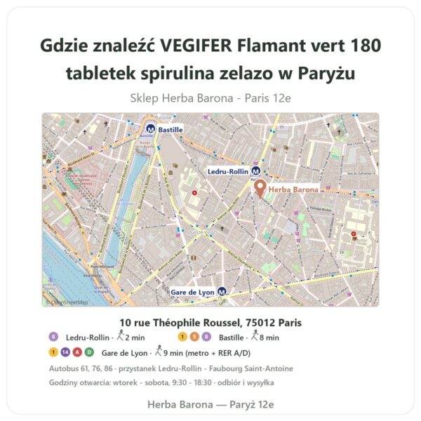 Gdzie znaleźć VEGIFER Flamant vert 180 tabletek spirulina zelazo w Paryżu - mapa sklepu Herba Barona Paris 12e