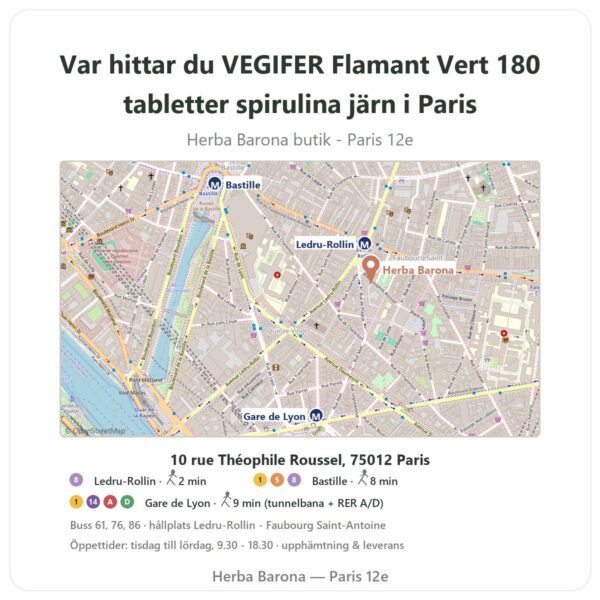 Var hittar du VEGIFER Flamant Vert 180 tabletter spirulina järn i Paris - butikskarta Herba Barona Paris 12e