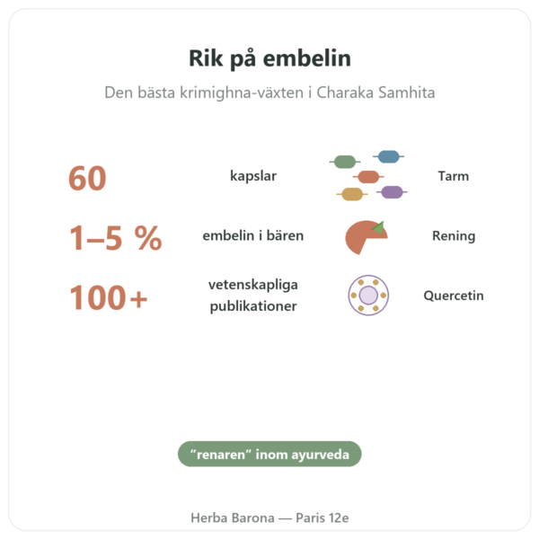 Vidanga (Embelia ribes) Ayur-vana 60 kapslar fördelar och nyckelfakta Paris Herba Barona