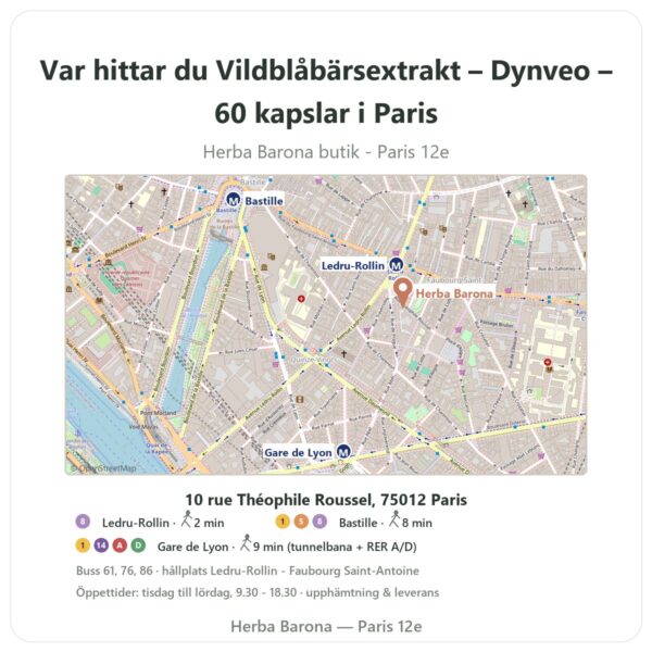 Var hittar du Vildblåbärsextrakt – Dynveo – 60 kapslar i Paris - butikskarta Herba Barona Paris 12e