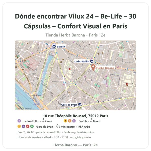 Dónde encontrar Vilux 24 – Be-Life – 30 Cápsulas – Confort Visual en París - plano de la tienda Herba Barona Paris 12e