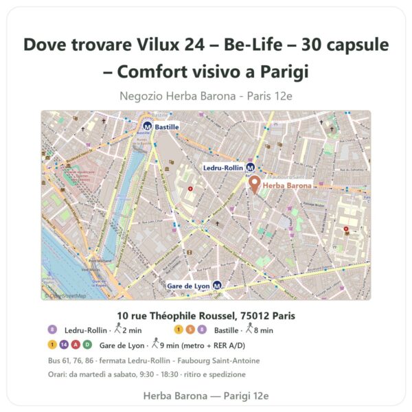 Dove trovare Vilux 24 – Be-Life – 30 capsule – Comfort visivo a Parigi - mappa del negozio Herba Barona Paris 12e