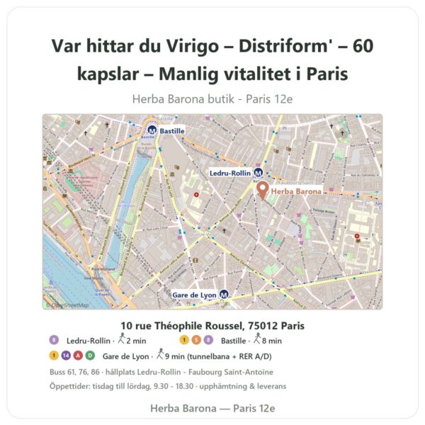 Var hittar du Virigo – Distriform' – 60 kapslar – Manlig vitalitet i Paris - butikskarta Herba Barona Paris 12e