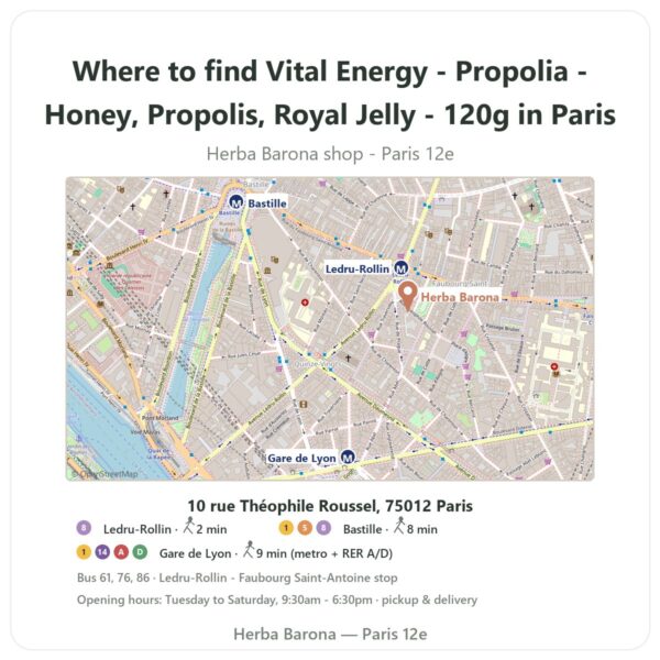Where to find Vital Energy - Propolia - Honey, Propolis, Royal Jelly - 120g in Paris - store map Herba Barona Paris 12e