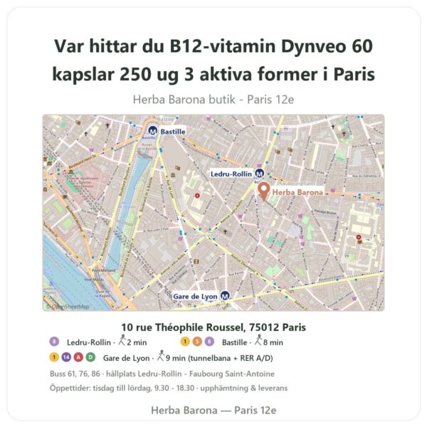 Var hittar du B12-vitamin Dynveo 60 kapslar 250 ug 3 aktiva former i Paris - butikskarta Herba Barona Paris 12e