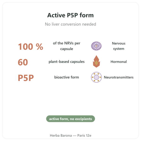 Vitamin B6 - Pyridoxal-5-Phosphate (P-5-P) - Dynveo - 60 capsules benefits and key facts Paris Herba Barona