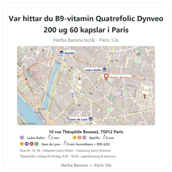 Var hittar du B9-vitamin Quatrefolic Dynveo 200 ug 60 kapslar i Paris - butikskarta Herba Barona Paris 12e