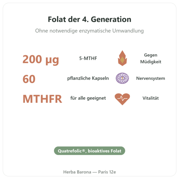 Vitamin B9 Quatrefolic® – Dynveo – 200 µg – 60 Kapseln Vorteile und Fakten Paris Herba Barona