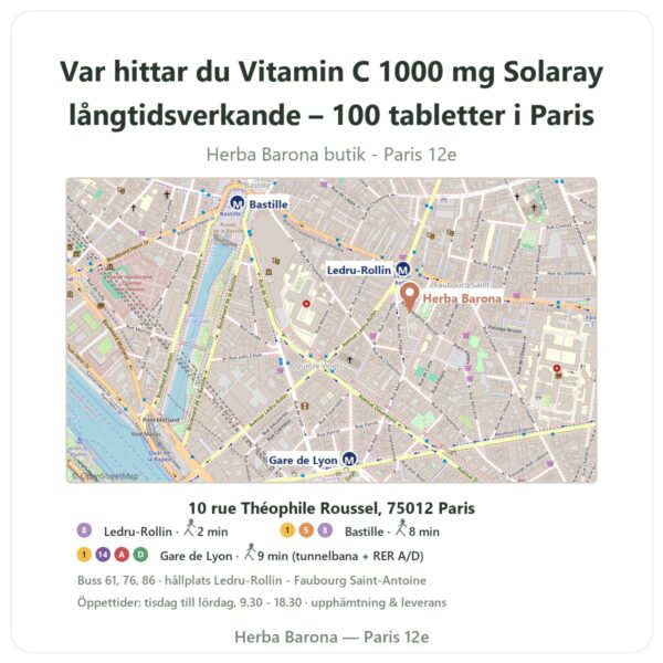 Var hittar du Vitamin C 1000 mg Solaray långtidsverkande – 100 tabletter i Paris - butikskarta Herba Barona Paris 12e