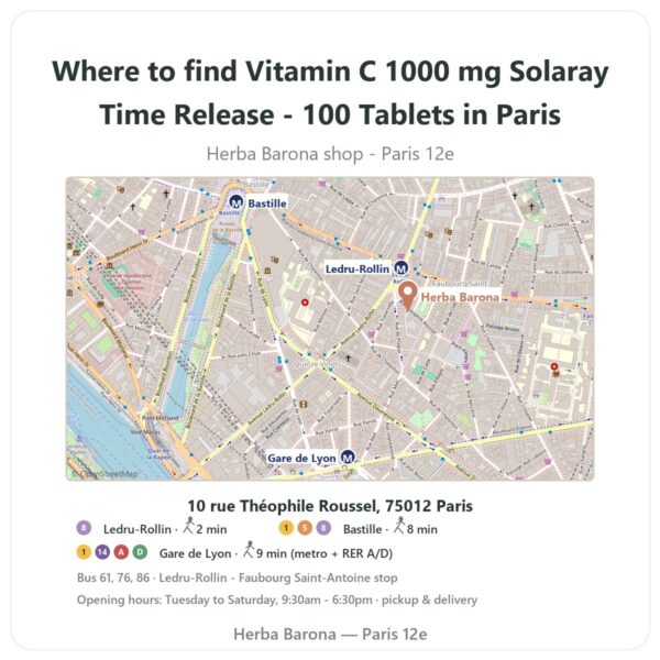 Where to find Vitamin C 1000 mg Solaray Time Release - 100 Tablets in Paris - store map Herba Barona Paris 12e