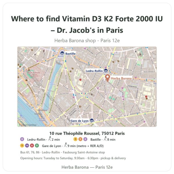 Where to find Vitamin D3 K2 Forte 2000 IU – Dr. Jacob's in Paris - store map Herba Barona Paris 12e